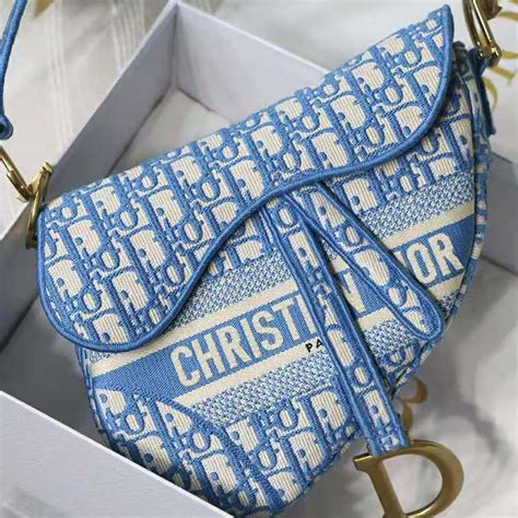 Saddle Bag Cornflower Blue Dior Oblique Embroidery